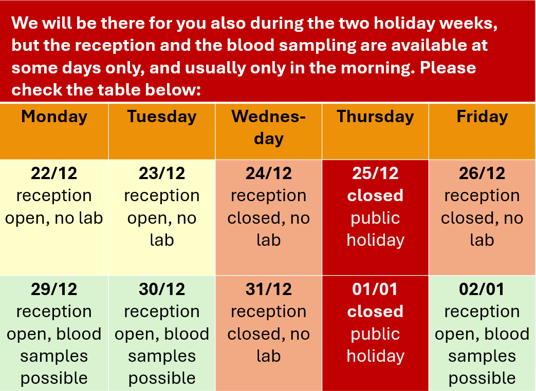 Holiday timetable